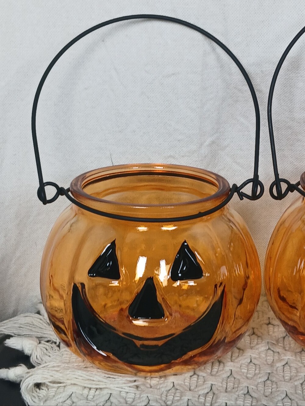 Set of 4 Halloween Glass Pumpkin tea light Candle Holders Handle orange 4 x 3.25
